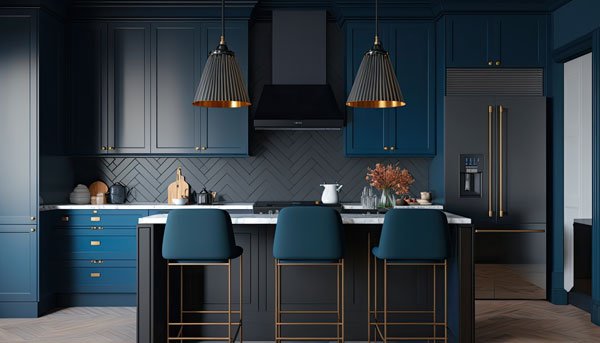 kitchen with blue cabinets